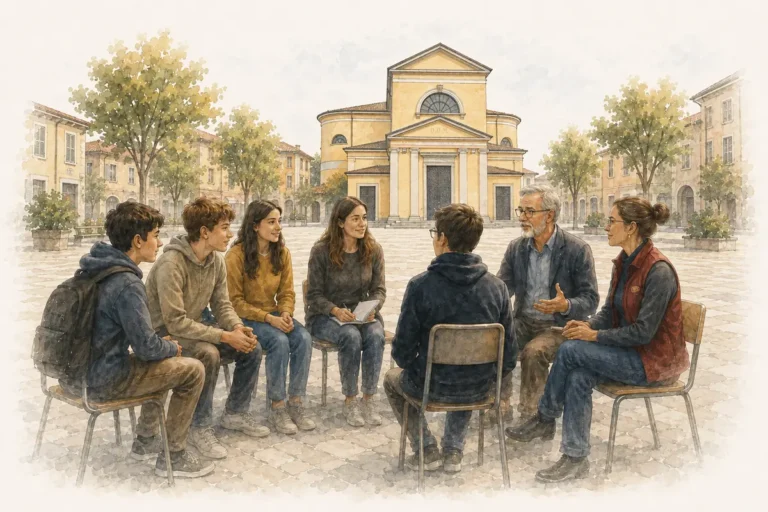 Giovani e rappresentanti della comunità dialogano davanti alla chiesa dei Santi Pietro e Paolo di Corsico